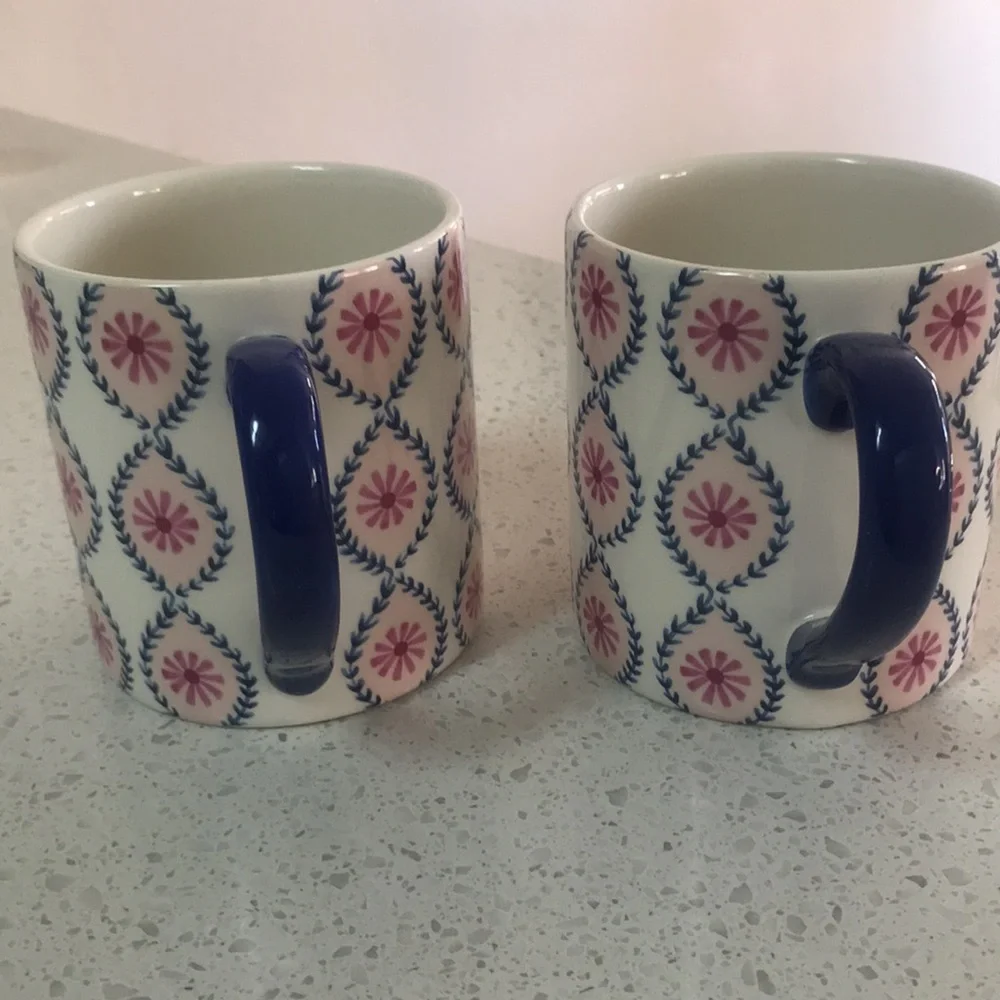 Pink and blue coffee or tea large mugs, feminine Guilded Age English motif print